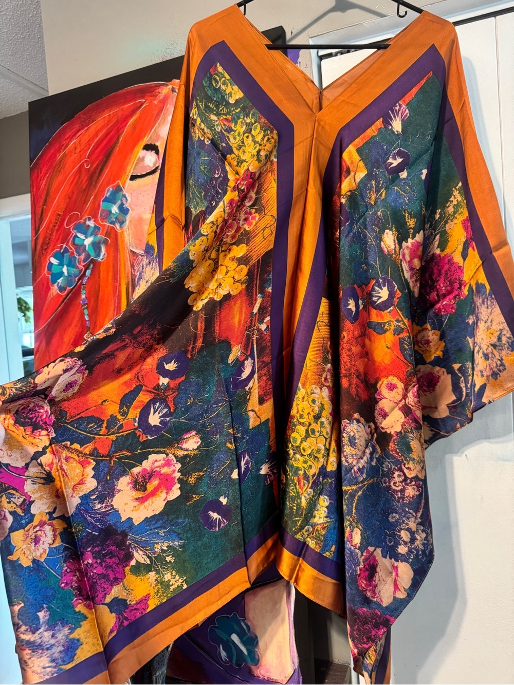 Boutique Silky Scarf Kaftan Tunic Dress Vibrant Floral Jewel Tone OSFM Boho - Picture 2 of 11